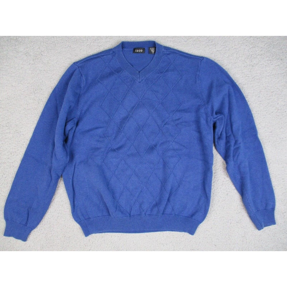 Izod Sweater Mens Medium Blue Diamond Argyle Pullover V-Neck